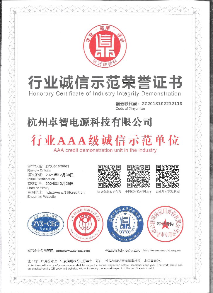 行業(yè)誠信示范榮譽(yù)證書